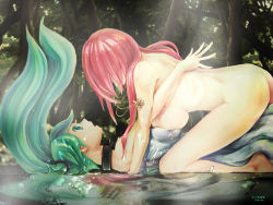 2girls all_fours aqua_eyes aqua_hair arm_support artist_name ass asymmetrical_docking back bare_arms bare_back bare_legs bare_shoulders barefoot breast_press breasts clothed_female_nude_female dress female_focus floating_hair forest funkid girl_on_top hatsune_miku highres jewelry large_breasts legs long_hair looking_at_another lying megurine_luka multiple_girls nature necklace nude on_back open_mouth pendant pink_hair sideboob surprised tree vocaloid water wet wet_clothes yuri rating:Questionable score:49 user:danbooru