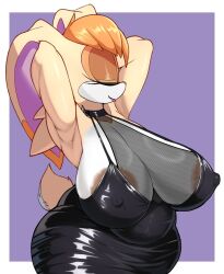  1girl armpits arms_behind_head belly breasts cleavage closed_eyes covered_erect_nipples dark_areolae dress eyelashes fishnets furry huge_breasts kappa_spark large_areolae lipstick long_ears makeup mature_female orange_hair plump rabbit_ears rabbit_tail sagging_breasts simple_background skin_tight smile sonic_(series) standing vanilla_the_rabbit wide_hips 