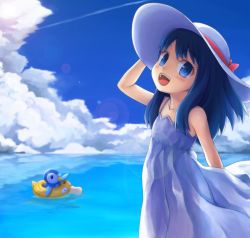  1girl :d arm_up bare_arms blue_eyes blue_hair blush cloud commentary_request creatures_(company) dawn_(pokemon) day dress game_freak gen_1_pokemon gen_4_pokemon hat highres innertube kabisuke long_hair looking_at_viewer nintendo open_mouth outdoors piplup pokemon pokemon_(anime) pokemon_(creature) pokemon_dppt_(anime) psyduck sky sleeveless sleeveless_dress smile sun_hat sundress swim_ring teeth themed_object tongue upper_teeth_only water 