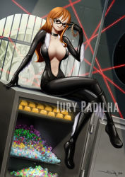  1girl arm_support artist_name black_bodysuit black_cat_(marvel) black_cat_(marvel)_(cosplay) black_choker black_footwear blue_gemstone bodysuit boots breasts cat_burglar center_opening choker claws cleavage closed_mouth collarbone cosplay crossed_legs dated diamond_(gemstone) domino_mask dutch_angle earrings full_body fur_trim gem gloves glowing gold gold_bar green_gemstone grey_eyes hand_up hip_focus holding indoors iury_padilha jewelry unworn_jewelry knee_boots large_breasts laser light_smile long_hair looking_at_viewer marvel mask nami_(one_piece) narrow_waist navel necklace unworn_necklace no_bra one_piece open_clothes orange_hair pendant purple_gemstone red_gemstone safe_(container) shiny_clothes sidelocks signature single_sidelock sitting smile solo spider-man_(series) stud_earrings superhero_costume thief topaz_(gemstone) transparent  rating:Sensitive score:33 user:Nami_Waifu