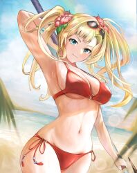  1girl arm_behind_head bbonk64 beach bikini blonde_hair blue_eyes breasts cleavage commentary english_commentary eyewear_on_head flower granblue_fantasy hair_flower hair_intakes hair_ornament hibiscus highres holding holding_polearm holding_weapon large_breasts long_hair looking_at_viewer navel o-ring o-ring_bikini ocean official_alternate_costume outdoors polearm red_bikini side-tie_bikini_bottom smile solo sunglasses swimsuit twintails weapon zeta_(granblue_fantasy) zeta_(summer)_(granblue_fantasy) 
