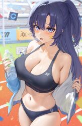  1girl absurdres bare_shoulders black_buruma black_sports_bra blue_archive blue_eyes blue_hair blue_jacket blush bottle breasts buruma cleavage day halo heine_(haloo1101) highres holding holding_bottle jacket large_breasts long_hair long_sleeves looking_at_viewer navel off_shoulder official_alternate_costume open_clothes open_jacket outdoors parted_bangs parted_lips solo sports_bra stomach sweat thighs tongue tongue_out track_and_field water_bottle yuuka_(blue_archive) yuuka_(track)_(blue_archive)  rating:Sensitive score:43 user:danbooru