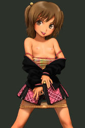  brown_eyes brown_hair cherry clothes_pull flat_chest food fruit hair_bobbles hair_ornament hands jacket loli mouth_hold nipples off_shoulder original panties panty_pull pixiv_thumbnail resized rustle shirt_pull short_hair short_twintails solo strap_slip tank_top twintails two_side_up underwear undressing 
