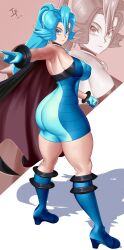  1girl arcedo ass bare_shoulders blue_eyes blue_hair boots breasts cape clair_(pokemon) creatures_(company) earrings from_behind game_freak gloves huge_ass jewelry large_breasts long_hair looking_at_viewer looking_back nintendo pokemon pokemon_hgss ponytail sideboob solo thick_thighs thighs unitard 