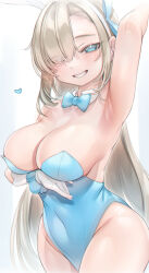  1girl animal_ears arm_up armpits asuna_(blue_archive) asuna_(bunny)_(blue_archive) bababababan bare_shoulders blonde_hair blue_archive blue_eyes blush bow bowtie breasts cleavage covered_navel detached_collar fake_animal_ears gloves gradient_background grin groin hair_over_one_eye heart highres large_breasts leotard long_hair looking_at_viewer playboy_bunny rabbit_ears smile solo white_gloves  rating:Sensitive score:5 user:danbooru