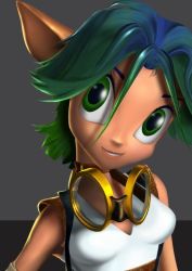  1girl 3d breasts cleavage female_focus goggles goggles_around_neck green_eyes green_hair jak_and_daxter keira_hagai long_ears naughty_dog smile solo  rating:Sensitive score:6 user:kijion