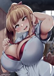  1girl arm_up armpits blurry blurry_background blush breasts brown_hair buttons cleavage collared_shirt curvy gyaru gym_storeroom head_tilt huge_breasts indoors kogal long_hair looking_at_viewer necktie open_clothes open_mouth open_shirt original ponytail presenting_armpit school_uniform shirt short_sleeves sidelocks signature smile solo sunlight sweat traffic_cone window yellow_eyes yottan 