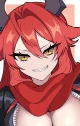  1girl absurdres breasts cleavage clenched_teeth commentary_request dutch_angle fang goddess_of_victory:_nikke hair_between_eyes hair_flaps highres horns jacket jin_(jjj) large_breasts leather leather_jacket long_hair looking_at_viewer mechanical_horns portrait red_hair red_hood_(nikke) red_scarf scarf sidelocks signature solo sweat teeth unzipped yellow_eyes zipper 