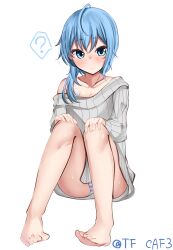  1girl ? alternate_costume bad_feet bare_legs barefoot blue_eyes blue_hair collarbone commentary_request grey_sweater hair_between_eyes highres kantai_collection knees_up long_sleeves looking_at_viewer medium_hair minazuki_(kancolle) one-hour_drawing_challenge panties parted_lips simple_background small_bed solo spoken_question_mark striped_clothes striped_panties sweater tf_cafe toes twitter_username underwear white_background 