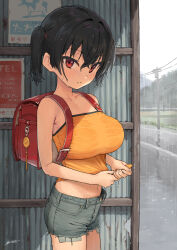  1girl backpack bag black_hair blush breasts camisole collarbone commentary_request crime_prevention_buzzer crossed_bangs cutoffs dated denim denim_shorts exposed_pocket gaki_kyonyuu grey_shorts hair_between_eyes highres kaedeko_(kaedelic) large_breasts looking_at_viewer midriff navel oppai_loli outdoors rain randoseru red_bag red_eyes road sasaki_kanna_(kaedeko) short_hair short_shorts short_twintails shorts signature solo standing street torn_clothes torn_shorts twintails wet wet_clothes wet_hair yellow_camisole 