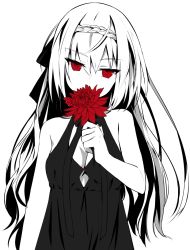 1girl bare_arms bare_shoulders black_dress black_ribbon braid braided_bangs breasts cleavage cleavage_cutout clothing_cutout covering_own_mouth dahlia_(flower) dress flower hair_between_eyes hair_ribbon head_tilt holding holding_flower long_hair looking_at_viewer medium_breasts nagishiro_mito original red_eyes red_flower ribbon simple_background sleeveless sleeveless_dress solo spot_color tsurime upper_body white_background white_hair