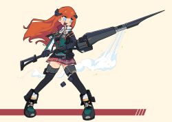  +_+ 1girl :d arknights bagpipe_(arknights) black_footwear black_thighhighs blue_eyes boots breasts brown_background collared_shirt commentary dress_shirt floating_hair green_jacket highres holding holding_polearm holding_weapon horns jacket long_hair medium_breasts open_mouth orange_hair pancake-hime plaid plaid_skirt pleated_skirt polearm red_skirt shirt skirt smile solo standing steam thighhighs thighhighs_under_boots very_long_hair weapon white_shirt 