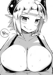  1girl blush breasts horns huge_breasts mikasayaki monochrome nipples paizuri pointy_ears smile tagme tongue tongue_out  rating:Explicit score:43 user:somethingx