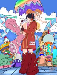  1boy 1girl black_hair boots carrying carrying_over_shoulder carrying_person couple egghead_island futuristic highres long_hair metanteiconan48 monkey_d._luffy nami_(one_piece) one_piece orange_hair short_hair 