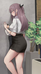  1boy 1girl absurdres against_wall belt black_hair black_skirt breasts brown_eyes brown_hair formal high-waist_skirt highres kuroihassan large_breasts long_hair looking_at_another looking_down mini_person miniboy office office_lady original pants plant potted_plant shirt short_hair size_difference skirt smile white_shirt window_blinds 