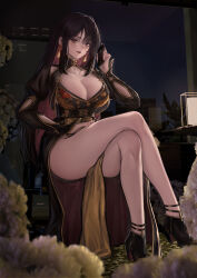  1girl absurdres black_hair breasts cleavage closed_mouth colored_inner_hair crossed_legs dress earrings goddess_of_victory:_nikke highres jewelry large_breasts long_hair long_sleeves looking_at_viewer moran_(nikke) multicolored_hair nikumocchi open_mouth red_eyes red_hair smile solo two-tone_hair 