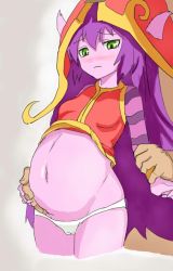  1girl animal_ears bad_id blush clothes_lift colored_skin green_eyes hand_on_another&#039;s_stomach hat league_of_legends lulu_(league_of_legends) navel panties pregnant purple_hair purple_skin standing underwear yordle  rating:Questionable score:39 user:TheEden