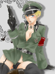  1girl armband axis_powers_hetalia black_panties black_thighhighs blonde_hair blue_eyes boots breasts cleavage cross female_focus gender_request genderswap germany_(hetalia) gun hat iron_cross jewelry large_breasts military military_uniform necklace no_bra open_clothes open_shirt panties shirt short_hair solo thighhighs underwear uniform weapon  rating:Questionable score:12 user:biibii801
