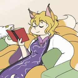  1girl animal_ears blonde_hair book comic dress closed_eyes female_focus flat_color fox_ears fox_tail light_smile lowres multiple_tails open_book reading robin_(unlimited_world) simple_background solo tail touhou yakumo_ran  rating:Sensitive score:1 user:danbooru