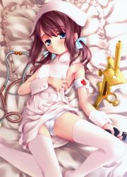 1girl absurdres aoi_kumiko armband bed black_hair blue_eyes cameltoe copyright_request flat_chest frilled_pillow frills highres huge_filesize lying microscope nurse panties pillow solo thighhighs twintails underwear uniform upskirt white_panties wrist_cuffs rating:Questionable score:50 user:danbooru