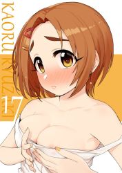 1girl aged_up bad_id bad_twitter_id bare_shoulders blush breasts brown_eyes brown_hair character_age character_name cleavage commentary_request earrings embarrassed eyebrows full-face_blush hair_ornament hairclip hands_on_own_chest idolmaster idolmaster_cinderella_girls jewelry medium_breasts nail_polish omaru_gyuunyuu ryuzaki_kaoru shirt short_hair sleeveless solo upper_body white_background white_shirt rating:Questionable score:17 user:danbooru