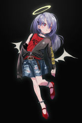 1girl absurdres belt black_background black_jacket blue_shorts bracelet brown_belt clothes_writing drawn_wings full_body gishiki_(gshk) hair_ornament hairclip halo highres jacket jewelry long_hair long_sleeves low_wings off-shoulder_jacket off_shoulder original parted_lips purple_hair red_eyes red_footwear red_shirt shirt shoes shorts simple_background solo spiked_anklet spiked_bracelet spikes wings rating:Sensitive score:2 user:danbooru