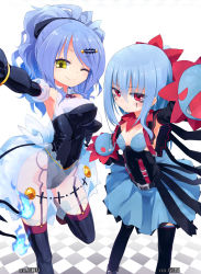  2girls blue_hair blush breasts chandelure dress covered_erect_nipples facial_mark garter_straps highres homura_subaru hydreigon long_hair looking_at_viewer medium_breasts multiple_girls one_eye_closed personification pokemon ponytail purple_hair red_eyes small_breasts smile thighhighs yellow_eyes  rating:Sensitive score:45 user:danbooru