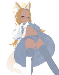  1girl absurdres animal_ear_fluff animal_ears bare_shoulders blonde_hair blue_archive closed_mouth detached_sleeves dress fox_ears fox_tail from_below halo highres lazhuzelazhuze long_hair navel panties seia_(blue_archive) simple_background solo striped_clothes striped_thighhighs tail thighhighs underwear vertical-striped_clothes vertical-striped_thighhighs white_background white_dress white_panties white_sleeves white_thighhighs yellow_eyes yellow_halo  rating:Sensitive score:16 user:danbooru