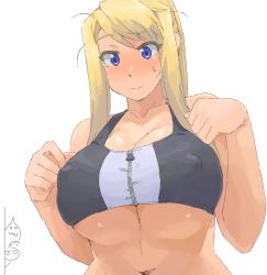  1girl :| ahoge alphonse_elric alternate_breast_size blonde_hair blue_eyes blush breasts chibi cleavage closed_mouth covered_erect_nipples edward_elric fullmetal_alchemist highres huge_breasts long_hair looking_down minakami_(flyingman555) multiple_boys navel nose_blush ponytail sidelocks simple_background solo_focus sports_bra stomach sweatdrop swept_bangs underboob undersized_clothes upper_body white_background winry_rockbell zipper  rating:Sensitive score:223 user:dmysta3000