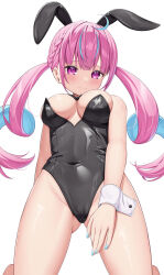  1girl animal_ears bare_shoulders black_leotard blue_hair blush breasts cameltoe colored_inner_hair covered_navel detached_collar fake_animal_ears hair_ornament highres hololive kag_tsukimi kneeling large_breasts leotard looking_at_viewer minato_aqua multicolored_hair playboy_bunny purple_eyes rabbit_ears simple_background solo strapless strapless_leotard twintails two-tone_hair virtual_youtuber white_background wrist_cuffs 