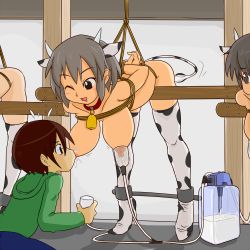  1boy 3girls :d animal_ears animal_print arms_behind_back bdsm bell bent_over blush bondage bound bound_arms breast_sucking breastfeeding breasts brown_hair collar cow_ears cow_girl cow_horns cow_print cow_tail cowbell demodori_(korokke) double_breast_sucking fake_animal_ears grey_hair hanging_breasts hetero high_heels highres horns indoors lactation large_breasts milking_machine multiple_girls neck_bell nipples one_eye_closed open_mouth rope shoes shota smile source_request spreader_bar tail thighhighs tiptoes wink women_livestock  rating:Explicit score:242 user:huzzaman