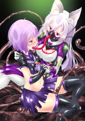  animal_ears battle_damage bodysuit cat_ears combat_suit corrupted corruption female_sub femdom gloves highres holding_hands latex latex_bodysuit latex_gloves latex_thighhighs mask purple_hair rubber tentacle_sex tentacles thighhighs white_hair  rating:Explicit score:17 user:skysthelimit