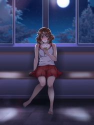  1girl bare_shoulders barefoot blush brown_eyes brown_hair camisole cellphone covered_erect_nipples excited groin hibike!_euphonium highres holding holding_phone miniskirt no_bra no_panties oumae_kumiko phone pussy_juice_stain red_skirt sbel02 see-through shirt sitting skirt sleeveless smartphone solo third-party_edit white_shirt  rating:Questionable score:26 user:Cappiepony