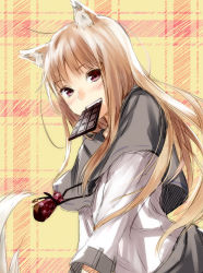  1girl animal_ears biting blush brown_hair chocolate fang grin holo kawakami_rokkaku long_hair looking_at_viewer mouth_hold plaid plaid_background pouch red_eyes revision sketch smile solo spice_and_wolf tail wolf_ears  rating:Sensitive score:22 user:danbooru