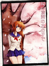 1girl against_tree arms_behind_back blazer blue_eyes blue_skirt blush bow breasts brown_hair cherry_blossoms cleavage cloud cowboy_shot day framed head_tilt jacket leaning long_hair long_sleeves looking_at_viewer medium_breasts messiah messiah_cage neckerchief petals plaid red_hair school_uniform serafuku skirt sky smile solo striped tareme text_focus translated tree trunk uniform white_jacket rating:Sensitive score:1 user:danbooru