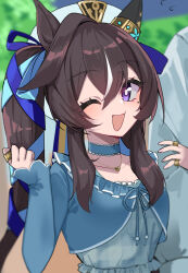  1girl :3 :d animal_ears blue_choker blue_dress blue_ribbon blurry blurry_background breasts bright_pupils brown_hair choker clenched_hand collarbone dress ear_ornament eyelashes flying_sweatdrops frilled_dress frills hair_between_eyes hair_ribbon hand_on_another&#039;s_arm hands_up hat heart_pendant horse_ears jewelry karamomo_(krmmap) layered_dress light_blush locked_arms long_hair long_sleeves looking_at_viewer mole mole_under_eye multicolored_hair multiple_rings necklace one_eye_closed open_mouth plaid purple_eyes ribbon ring shirt sidelocks sleeves_past_wrists small_breasts smile solo solo_focus streaked_hair twintails umamusume upper_body vivlos_(umamusume) white_shirt wink 