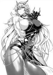  1girl armor bare_shoulders barghest_(fate) barghest_(second_ascension)_(fate) blush breasts chain dress elbow_gloves fate/grand_order fate_(series) gauntlets gloves greyscale highres horns kawabata_yoshihiro large_breasts long_hair looking_at_viewer monochrome muscular muscular_female pantyhose pauldrons pelvic_curtain shoulder_armor sideboob single_gauntlet single_pauldron smile solo thighs  rating:Sensitive score:24 user:danbooru