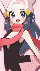  1girl :d absurdres arm_up bare_arms beanie black_hair black_shirt blush_stickers commentary creatures_(company) dawn_(pokemon) eyelashes game_freak grey_eyes hair_ornament hairclip happy hat highres kurumiya_(krmy_p) long_hair nintendo open_mouth pink_background pink_scarf pink_skirt poke_ball_print pokemon pokemon_dppt scarf shirt signature skirt sleeveless sleeveless_shirt smile solo symbol-only_commentary tongue white_hat  rating:General score:10 user:danbooru