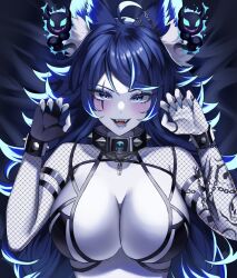  1girl absurdres ahoge animal_ears black_bra black_collar black_gloves blue_hair blue_nails bra breasts cleavage collar dog_ears dog_girl fang fingerless_gloves fishnet_top fishnets gloves highres indie_virtual_youtuber large_breasts long_hair looking_at_viewer lying multicolored_hair on_back open_mouth second-party_source single_glove spiked_collar spikes spite_(vtuber) streaked_hair underwear virtual_youtuber wann! 