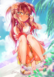  1girl adjusting_hair armband beach between_legs blurry blurry_background blurry_foreground blush cafe-chan_to_break_time cafe_(cafe-chan_to_break_time) camisole cloud cloudy_sky commentary_request earrings flower hair_between_eyes hair_flower hair_ornament hair_over_shoulder hand_between_legs highres jewelry kneeling long_hair looking_at_viewer necklace open_clothes open_shirt orange_eyes original palm_leaf porurin red_hair sandals skirt sky solo thigh_strap two_side_up wet white_camisole yellow_skirt 