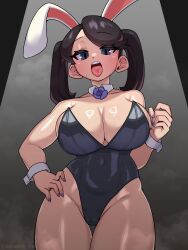  1girl alive alternate_breast_size alternate_costume black_hair blue_eyes breasts cameltoe cleavage corsage covered_navel cowboy_shot detached_collar grey_background huge_breasts large_breasts leotard looking_at_viewer nail_polish open_mouth painting_fish playboy_bunny purple_nails rabbit_ears skullgirls squigly_(skullgirls) steam sweat thigh_gap tongue tongue_out twintails wrist_cuffs 