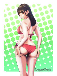 1girl animification artist_name ass ass_support bikini braid brown_hair from_behind hair_behind_ear hayato_rock highres long_hair looking_at_viewer looking_back parted_lips real_life red_bikini shinonome_umi smile solo swimsuit wedgie