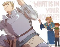  1girl 2boys armor blonde_hair chilchuck_tims dungeon_meshi eating english_text fleeing foreshortening highres laios_touden male_focus marcille_donato motion_blur multiple_boys satodee shaded_face short_hair thick_eyebrows 