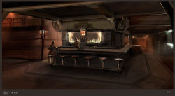  1girl 1other ambiguous_gender artist_name bar_(place) bar_stool bartender border bottle brown_border brown_theme commentary company_name concept_art copyright_name counter eve_online georg_hilmarsson glowing indoors logo minmatar_republic_(eve_online) official_art science_fiction sitting spacecraft_interior stool 