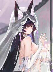  1girl animal_ears azur_lane breasts bridal_veil closed_eyes crying dishwasher1910 dress facial_mark fox_ears fox_girl from_side highres jewelry large_breasts musashi_(azur_lane) musashi_(purest_wisteria)_(azur_lane) official_alternate_costume ring upper_body veil wedding_dress whisker_markings 