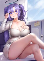  1girl blue_archive blush breasts cleavage crossed_legs dress halo highres large_breasts long_hair looking_at_viewer open_mouth purple_eyes purple_hair sitting solo two_side_up white_dress wookyung yuuka_(blue_archive)  rating:Sensitive score:1 user:danbooru