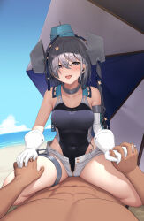 1boy 1girl :d bare_shoulders blue_sky blush breasts cloud covered_navel cowgirl_position gloves grey_hair hat hetero highres interlocked_fingers kantai_collection looking_at_viewer lying medium_breasts ocean on_back one-piece_swimsuit open_mouth parasol pov sawada_yuusuke scamp_(kancolle) short_hair shorts sky smile straddling swimsuit teeth tongue tongue_out umbrella white_gloves rating:Questionable score:16 user:danbooru