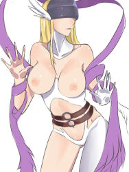 1girl against_glass angel_wings angewomon asymmetrical_clothes belt blonde_hair breasts collarbone covered_eyes digimon digimon_(creature) digimon_adventure fourth_wall gloves head_wings helk helmet large_breasts lips long_hair nipples open_mouth shawl shiny_skin single_glove solo wings rating:Questionable score:47 user:danbooru