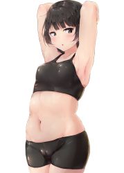 1girl absurdres armpits arms_behind_head arms_up bare_arms bike_shorts black_eyes black_hair black_shorts black_sports_bra blunt_bangs blush breasts cameltoe collarbone cowboy_shot highres looking_to_the_side navel original parted_lips shinonon_(iso_shino) shorts simple_background small_breasts solo sports_bra standing white_background rating:Questionable score:30 user:danbooru