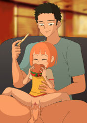 1boy 1girl absurdres age_difference black_hair bottomless burger clitoral_hood clitoris daughter_(yoru_mac) eating erection fat_mons father_and_daughter flat_chest food french_fries girl_on_top happy happy_sex hetero highres holding holding_food incest loli lorin_nova mcdonald&#039;s mcdonald&#039;s_dad orange_hair parent_and_child penis public_indecency puffy_pussy pussy pussy_juice reverse_upright_straddle sex sex_from_behind short_hair sitting sitting_on_lap sitting_on_person size_difference spread_legs straddling testicles torso_grab vaginal yoru_mac rating:Explicit score:352 user:PHentaisPorn